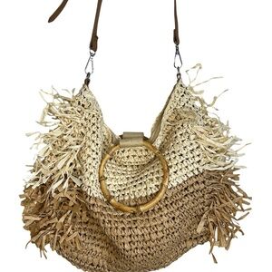 Woven Straw Hobo Bag - Tan and Cream